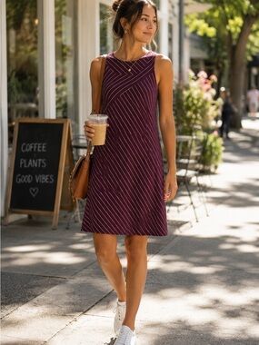 Athleta Burgundy Striped Swing Dress Modal Stretch Sleeveless Travel Casual SP